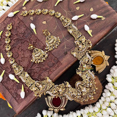 Vriksham Traditional Lakshmi AD Stone Gold Bead & Green Red Accents Long Neckpiece-Pearls-G21498