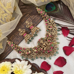 Vriksham Gold Plated Kemp Stone Lakshmi With Peacock Neckpiece-Red Green-Aqua Bead-G19102