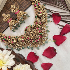 Vriksham Gold Plated Kemp Stone Lakshmi With Peacock Neckpiece-Red Green-Aqua Bead-G19102