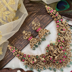 Vriksham Gold Plated Kemp Stone Lakshmi With Peacock Neckpiece-Red Green-Aqua Bead-G19102