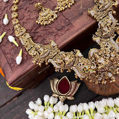 Vriksham Traditional Lakshmi AD Stone Gold Bead & Green Red Accents Long Neckpiece-Pearls-G21498