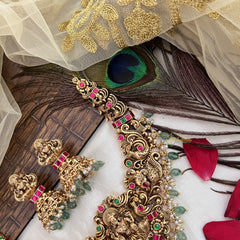 Vriksham Gold Plated Kemp Stone Lakshmi With Peacock Neckpiece-Red Green-Aqua Bead-G19102