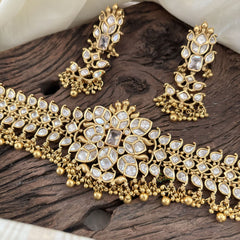 White American Diamond Designer High Neck Choker -Gold Bead -G11304