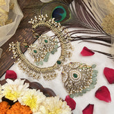 Vriksham Designer Dual Peacock Pendant Short Neckpiece-Pearls-Aqua Green Beads-G19082