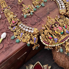 Vriksham Elegant Ram Parivar Idol Hand-Painted Enamel & Green Bead Accents Long Neckpiece-G21495