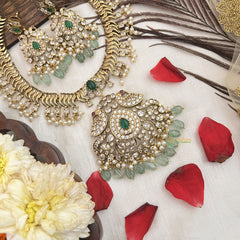 Vriksham Designer Dual Peacock Pendant Short Neckpiece-Pearls-Aqua Green Beads-G19082