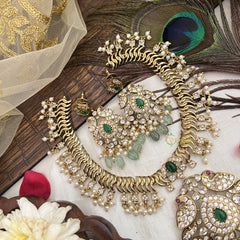 Vriksham Designer Dual Peacock Pendant Short Neckpiece-Pearls-Aqua Green Beads-G19082