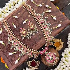 Vriksham Classic Floral Kundan Jadau Guttapusalu Long Neckpiece-Green Bead & Rice Pearls-J4108