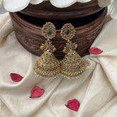 Vriksham AD Stone Traditional Jhumkas -Red Green-Pastel Green Bead-Pearls-G18248