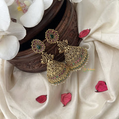 Vriksham AD Stone Traditional Jhumkas -Red Green-Pastel Green Bead-Pearls-G18248