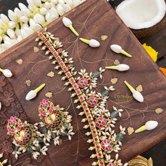 Vriksham Classic Floral Kundan Jadau Guttapusalu Long Neckpiece-Green Bead & Rice Pearls-J4108