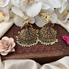 Vriksham AD Stone Traditional Jhumkas -Red Green-Pastel Green Bead-Pearls-G18248
