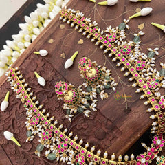 Vriksham Classic Floral Kundan Jadau Guttapusalu Long Neckpiece-Green Bead & Rice Pearls-J4108