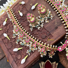 Vriksham Classic Floral Kundan Jadau Guttapusalu Long Neckpiece-Green Bead & Rice Pearls-J4108
