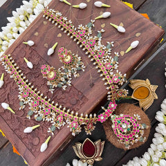 Vriksham Classic Floral Kundan Jadau Guttapusalu Long Neckpiece-Green Bead & Rice Pearls-J4108