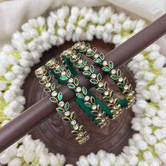 Vriksham Leaf Style Silk Thread Kundan Kada Bangle-Green White-G20816