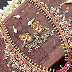 Vriksham Classic Floral Kundan Jadau Guttapusalu Long Neckpiece-Green Bead & Rice Pearls-J4108