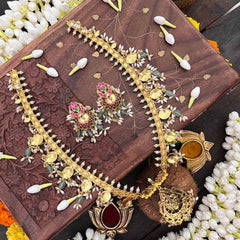 Vriksham Classic Floral Kundan Jadau Guttapusalu Long Neckpiece-Green Bead & Rice Pearls-J4108