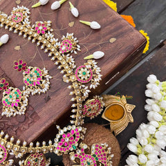Vriksham Antique Nakshi Gandaberund Kundan Jadau Guttapusalu Long Neckpiece-Rice Pearls-J4110