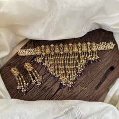 Cluster Pearl Kerala Style Lakshmi High Neck Choker-Purple Bead-G10599