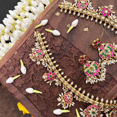 Vriksham Antique Nakshi Garudbenda Kundan Jadau Guttapusalu Long Neckpiece-Rice Pearls-J4110