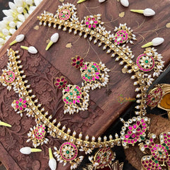 Vriksham Antique Nakshi Garudbenda Kundan Jadau Guttapusalu Long Neckpiece-Rice Pearls-J4110