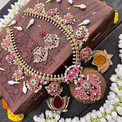 Vriksham Antique Nakshi Garudbenda Kundan Jadau Guttapusalu Long Neckpiece-Rice Pearls-J4110