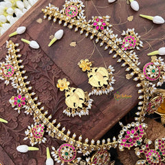Vriksham Antique Nakshi Garudbenda Kundan Jadau Guttapusalu Long Neckpiece-Rice Pearls-J4110