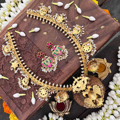 Vriksham Antique Nakshi Garudbenda Kundan Jadau Guttapusalu Long Neckpiece-Rice Pearls-J4110