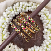 Vriksham Diagonal & Floral Style Silk Thread Kundan Bangles-Pink White-G20822