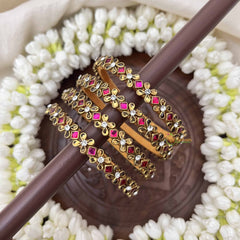 Vriksham Diagonal & Floral Style Silk Thread Kundan Bangles-Pink White-G20822