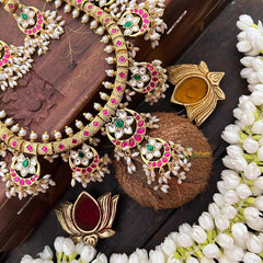 Vriksham Half Moon & Lotus Style Kundan Jadau Guttapusalu Long Neckpiece-Rice Pearls-J4109