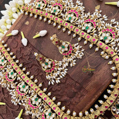 Vriksham Half Moon & Lotus Style Kundan Jadau Guttapusalu Long Neckpiece-Rice Pearls-J4109