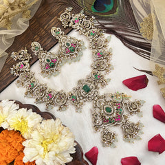 Vriksham Traditional AD Stone Lakshmi With green Stone Pendant Bridal Neckpiece-Light Aqua Bead-G19104