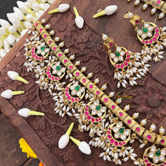 Vriksham Half Moon & Lotus Style Kundan Jadau Guttapusalu Long Neckpiece-Rice Pearls-J4109