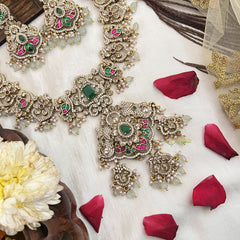 Vriksham Traditional AD Stone Lakshmi With green Stone Pendant Bridal Neckpiece-Light Aqua Bead-G19104