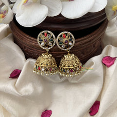 Vriksham Gold Look Alike Navrathna Stone Jhumka-Pearl-G18210