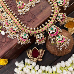 Vriksham Half Moon & Lotus Style Kundan Jadau Guttapusalu Long Neckpiece-Rice Pearls-J4109