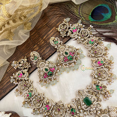 Vriksham Traditional AD Stone Lakshmi With green Stone Pendant Bridal Neckpiece-Light Aqua Bead-G19104