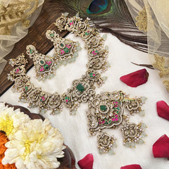 Vriksham Traditional AD Stone Lakshmi With green Stone Pendant Bridal Neckpiece-Light Aqua Bead-G19104