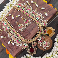 Vriksham Half Moon & Lotus Style Kundan Jadau Guttapusalu Long Neckpiece-Rice Pearls-J4109