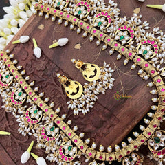 Vriksham Half Moon & Lotus Style Kundan Jadau Guttapusalu Long Neckpiece-Rice Pearls-J4109