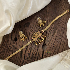 Simple Lakshmi Pendant High Neck Choker-Gold Bead-Red Green-G10445