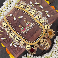 Vriksham Half Moon & Lotus Style Kundan Jadau Guttapusalu Long Neckpiece-Rice Pearls-J4109