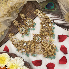 Vriksham Designer Gold Plated Lakshmi Designs Neckpiece-Green Bead-G19110