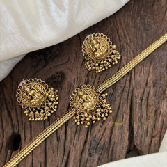 Simple Lakshmi Pendant High Neck Choker-Ghungroo-Red Green-G10447