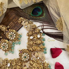 Vriksham Designer Gold Plated Lakshmi Designs Neckpiece-Green Bead-G19110