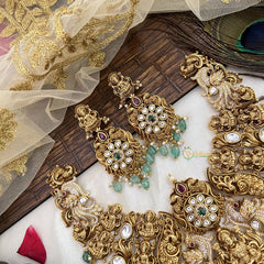 Vriksham Designer Gold Plated Lakshmi Designs Neckpiece-Green Bead-G19110