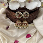 Vriksham Exquisite Kemp Stone Nita Ambani Jhumka-Red Green-Rice Pearl-Pastel Green Bead-G18323