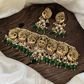 Premium AD Stone Lakshmi High Neck Choker -Red White-Green Bead -G10594